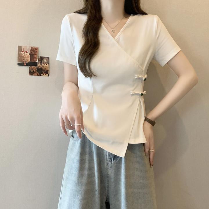 大码中式不规则盘扣短袖T恤女夏季2025新款女装修身