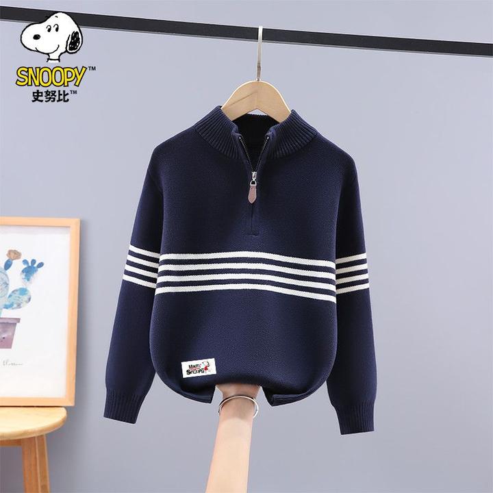 史努比男童毛衣秋冬2025新款条纹拉链针织衫冬季加绒加厚保暖上衣