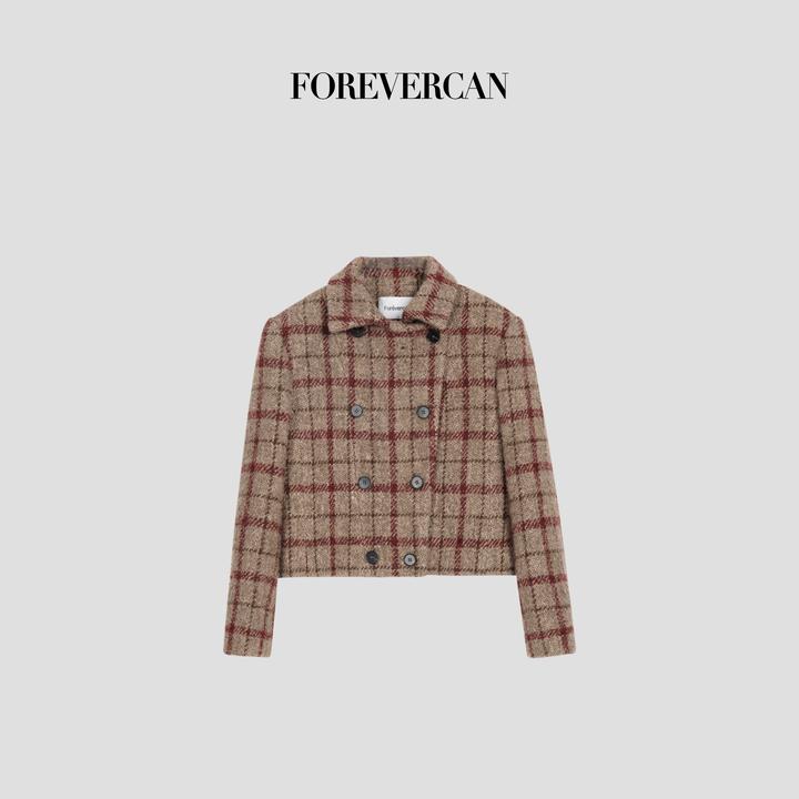 FOREVERCAN“孚日广场”美丽诺羊毛呢复古格纹短款外套SC22734
