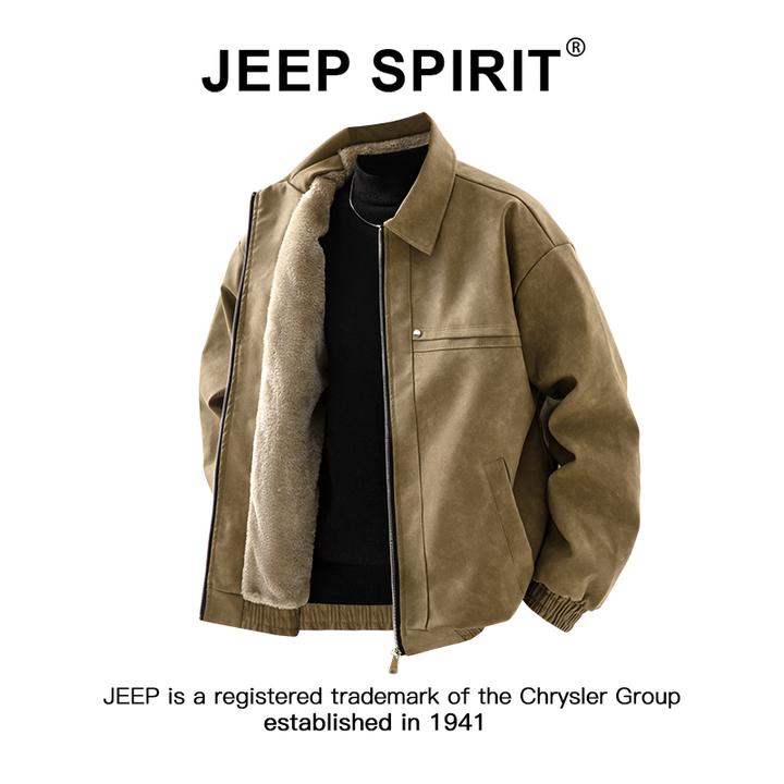 JEEPSPIRIT吉普美式加绒加厚皮衣外套男秋冬保暖复古宽松翻领夹克
