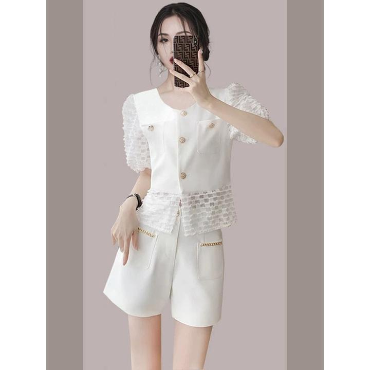 法式风时尚套装夏装2025年新款薄款蕾丝衬衣高腰短裤两件套女