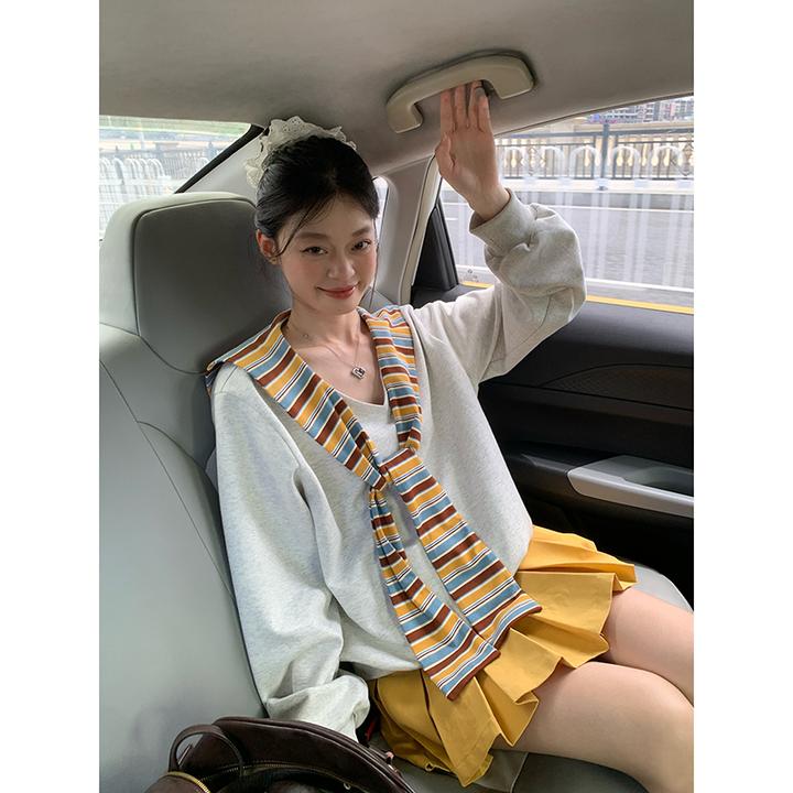法式韩系高级感简约v领灰色卫衣女2025秋冬宽松显瘦休闲披肩上衣