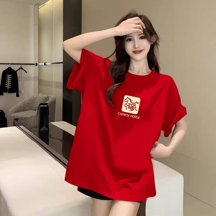 本命年新年2026新款红色喜庆纯棉短袖T恤女百搭圆领宽松上衣打底