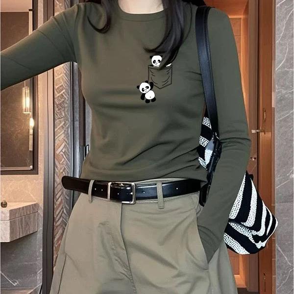 女款圆领t恤复古军绿色早春秋新款韩版减龄上衣修身打底显瘦长袖