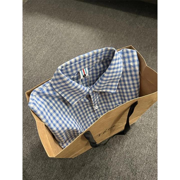 天蓝色港风小格子衬衫长袖男款秋季慵懒风美式覆古千鸟格衬衫外套