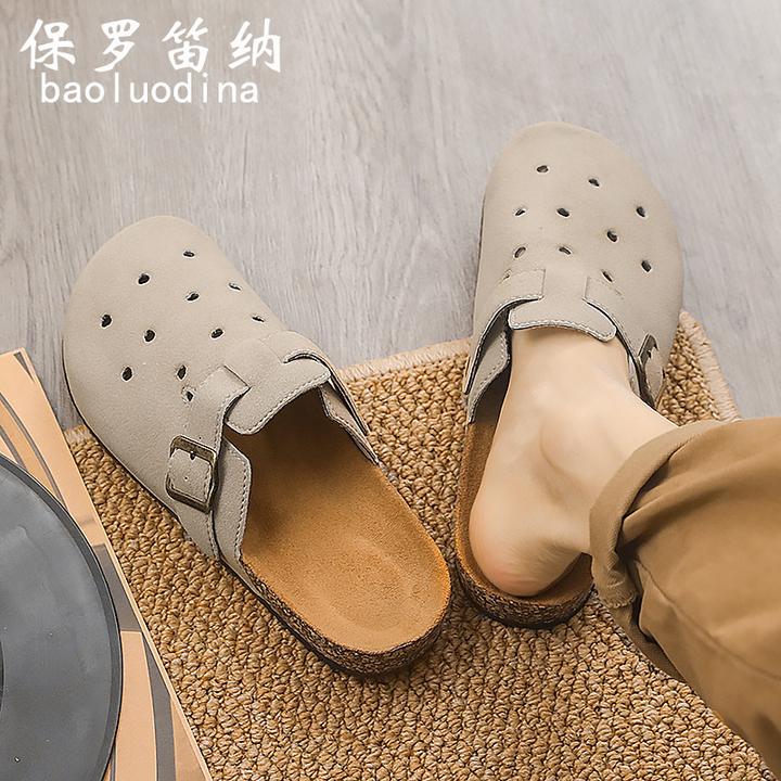 保罗笛纳洞洞勃肯鞋男外穿冬季懒人一脚蹬办公室软木底包头半拖鞋