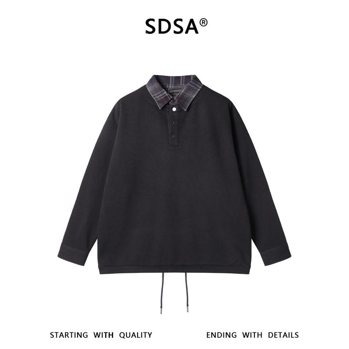 SDSA秋冬新款痞帅男装时尚撞色按扣拼接翻领假两件卫衣百搭宽松