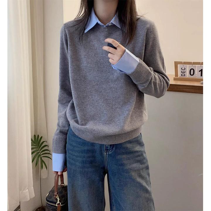 欧洲站2024早春装新款欧货拼衬衫领宽松假两件针织衫软糯毛衣春秋