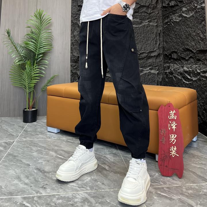 新款立体裁剪休闲裤工装风立体剪裁格子束脚裤潮褶皱258男士潮流