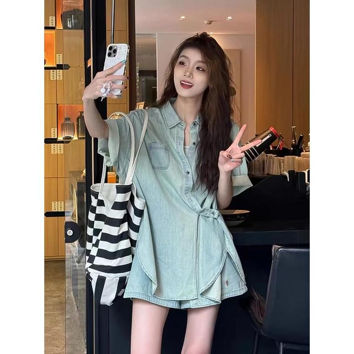 原创自制牛仔套装裤女夏季新款欧货薄款chic拽姐短裤宽松两件套潮