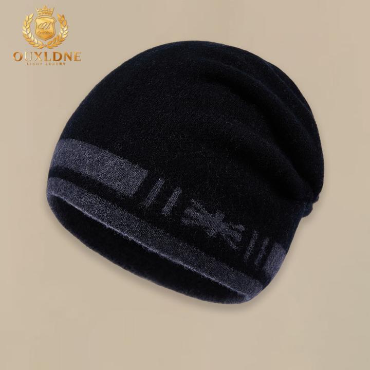 OUXLDNE 秋冬新款羊绒帽男保暖防寒条纹包头舒适百搭加厚针织冷帽