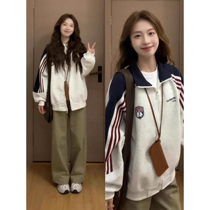 【MAEP】插肩撞色立领运动外套女秋冬宽松拼接开衫美式气质百搭上衣