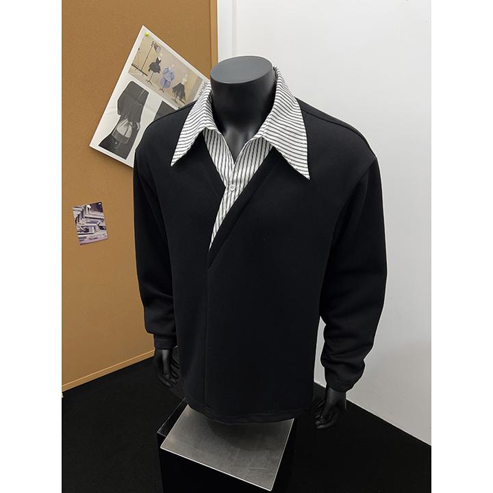 灰色假两件长袖男款秋季潮牌衬衫领t恤美式重磅五分袖翻领POLO衫