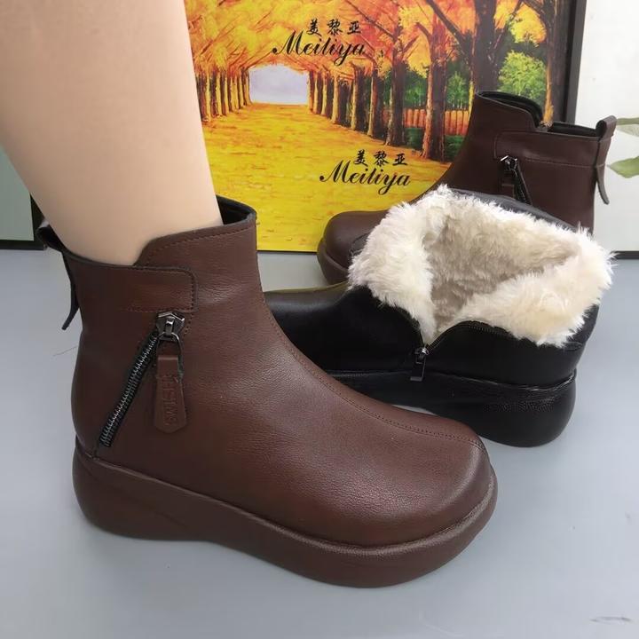 真皮厚底松糕棉靴女2024冬新款加绒加厚雪地靴圆头时尚中年妈妈鞋