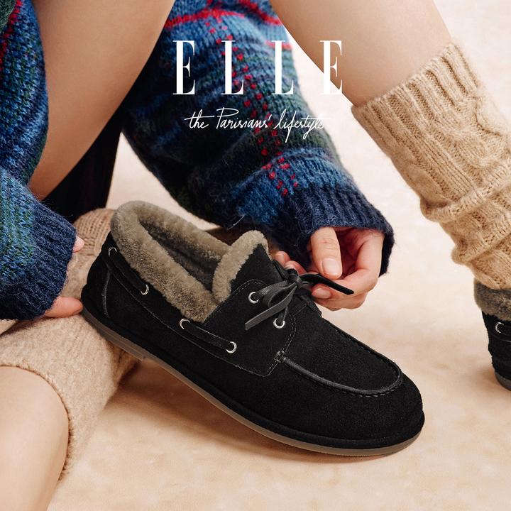 ELLE豆豆鞋女2025新款加绒皮毛一体保暖毛毛棉鞋一脚蹬孕妇乐福鞋