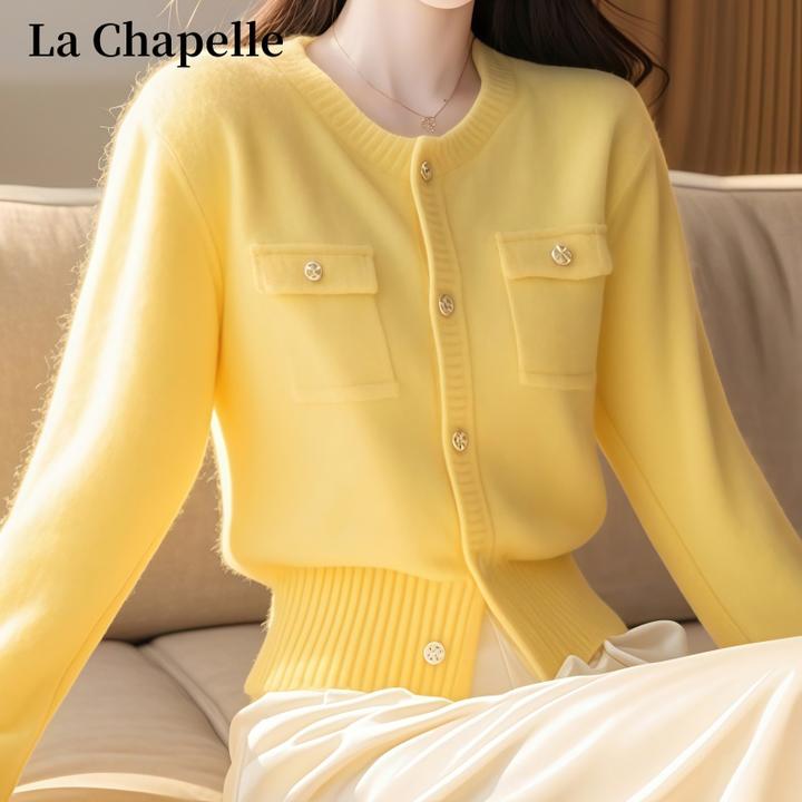 拉夏贝尔秋冬季法式小香风时尚气质百搭短款圆领长袖毛针织开衫女
