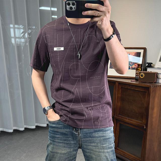 新款男士棉麻t恤短袖男夏季满身印花青年圆领修身薄款透气清凉t恤