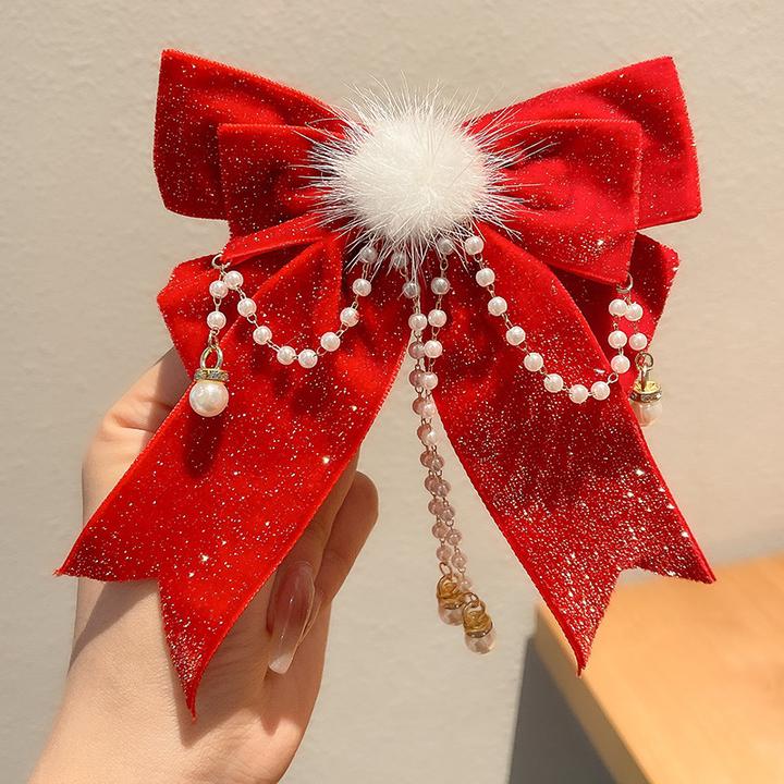 儿童新年红色大蝴蝶结头饰汉服发饰女孩流苏可爱发卡女童过年发夹