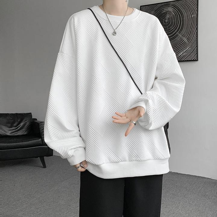 潮牌提花百搭休闲T恤男士2025秋季新款宽松潮流卫衣港风纯色上衣