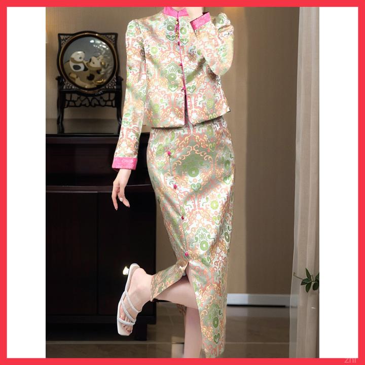 宋锦女装改良旗袍两件早秋半裙衬衫上衣提花轻奢高定新款名缕包臀