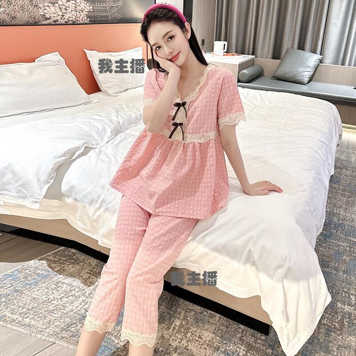 带胸垫睡衣女甜美夏季带胸垫睡衣可外穿薄款宽松显瘦睡衣套装