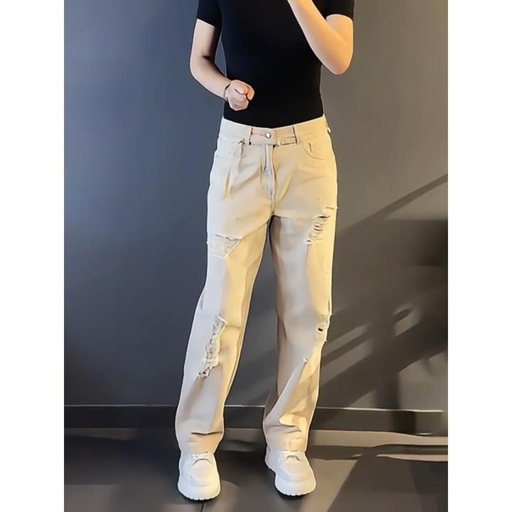 轻奢男装大码潮牌男士百搭显瘦破洞时尚牛仔裤宽松直筒裤设计感潮