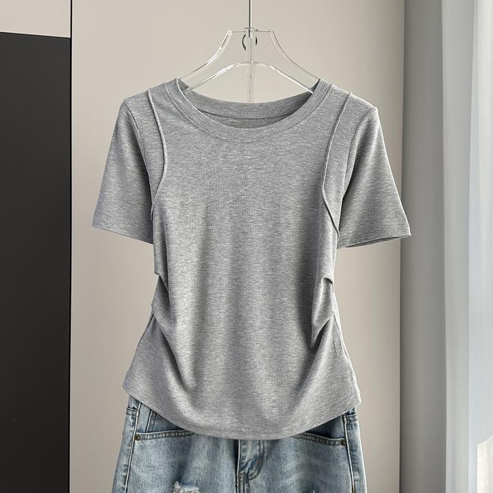 正肩大码圆领短袖T恤女春夏褶皱收腰宽松遮肚子胖MM显瘦螺纹上衣