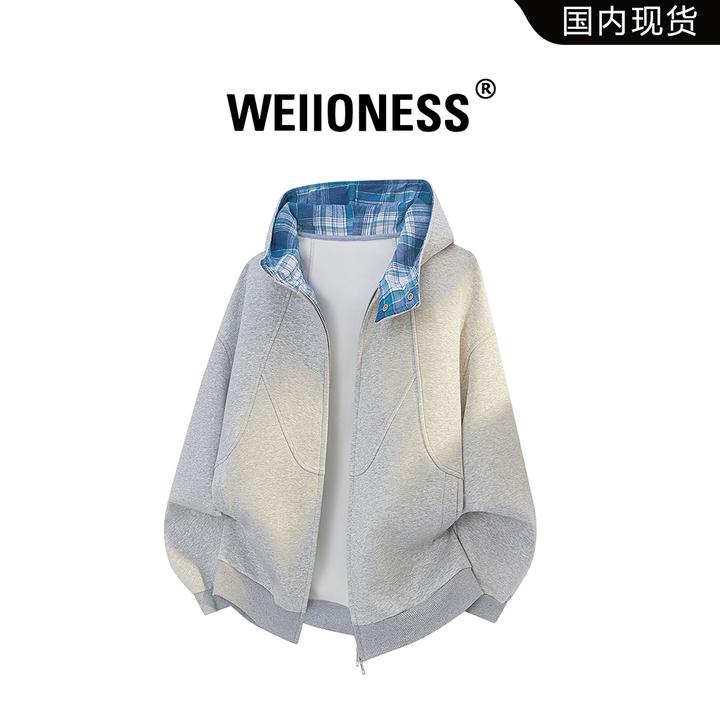 WEIIONESS纯色休闲日系开衫卫衣男秋冬潮流拼接设计外套轻奢男装