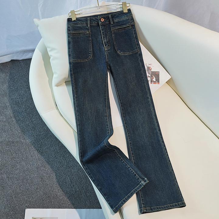 深蓝色高级感休闲窄版直筒裤复古高腰显瘦大长腿微喇小个子弹力裤