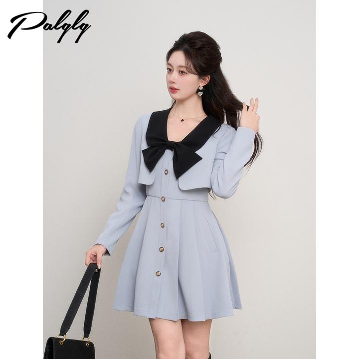 Palglg小香风娃娃领蓝色连衣裙女显瘦百褶a字裙-53PWE44474