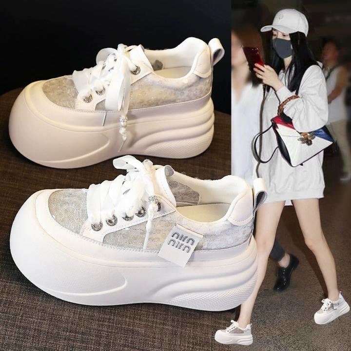 真皮7cm内增高小白鞋2025夏新款百搭女透气网面休闲厚底运动板鞋