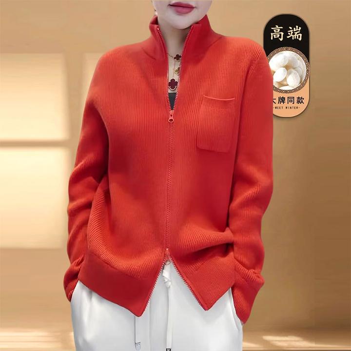 桔红色立领长袖针织开衫外套2025秋冬新款双拉链设计洋气大码上衣