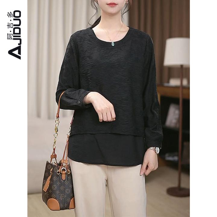 阿吉多黑色长袖t恤女2025春季新款气质时尚小衫提花高级圆领上衣