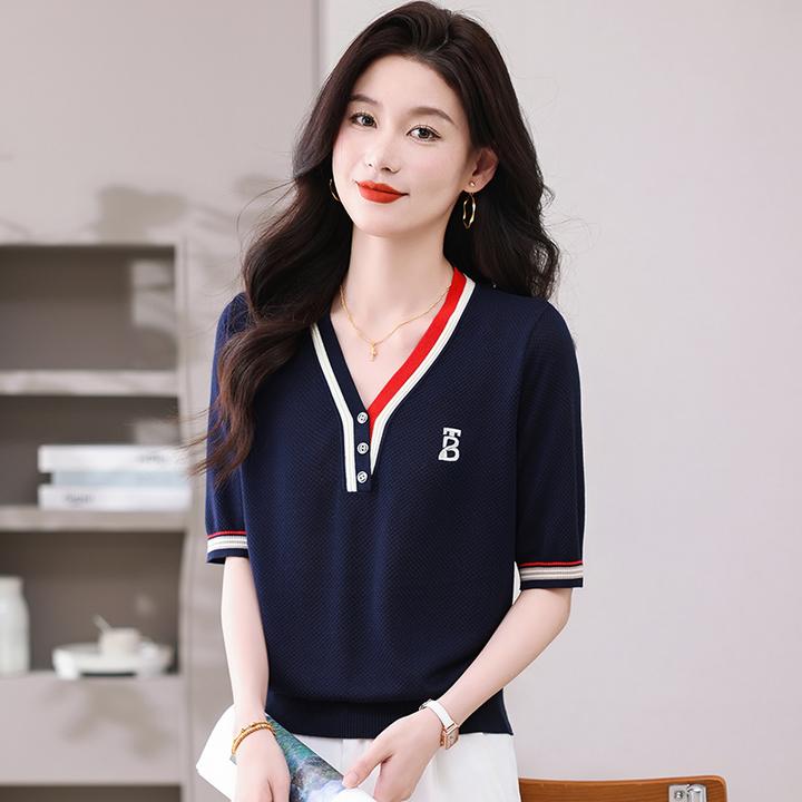 爆款V领拼色夏季短袖女气质百搭品牌半袖T恤薄款设计感撞色上衣