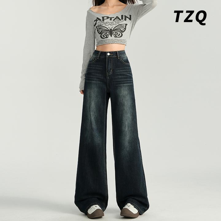 2025春秋水洗做旧深蓝色显瘦百搭牛仔裤女新款阔腿裤TZQ25010336