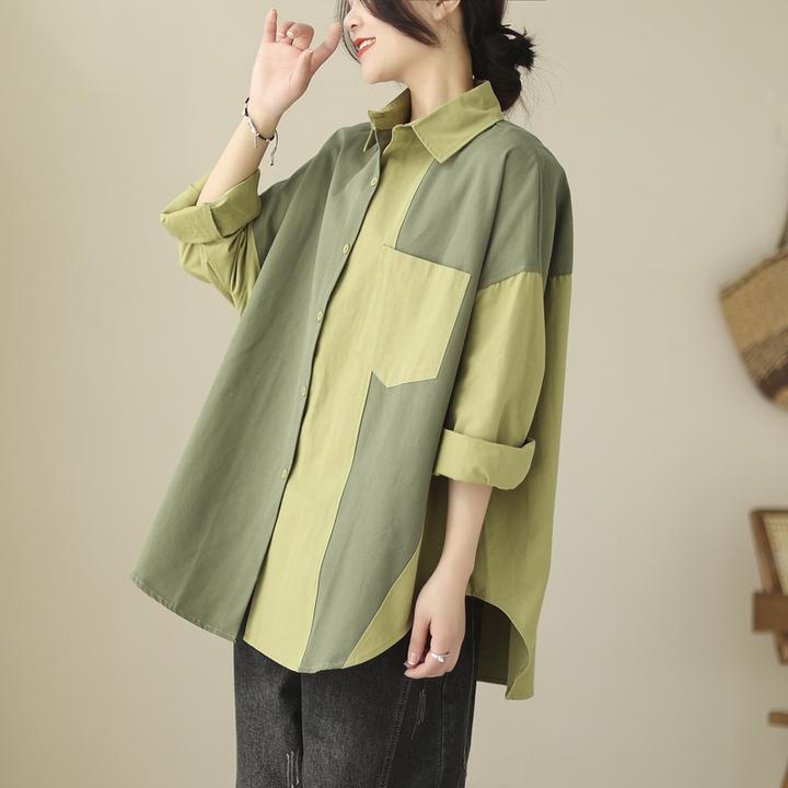时尚宽松百搭显瘦长袖衬衣胖mm洋气黄绿拼接设计棉麻单排多扣衬衫