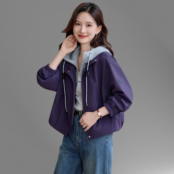 假两件拼接休闲短外套女2025春秋新款小个子连帽风衣大码夹克上衣