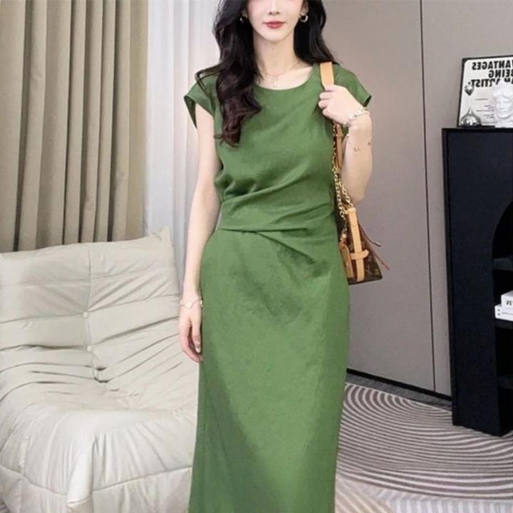 2025年夏季新款时尚系带短袖休闲裙女洋气显瘦设计感中长款连衣裙