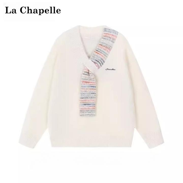 拉夏贝尔米白色设计感围巾拼接毛衣女秋冬季甜美慵懒风宽松针织衫