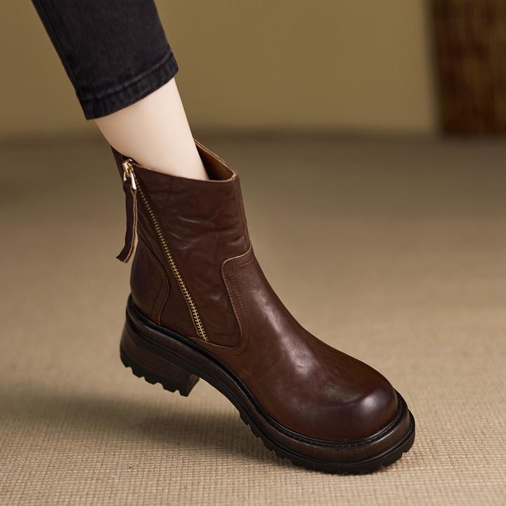 6.5cm厚底马丁靴复古擦色圆头手抓牛皮棕色机车靴短筒单靴加绒靴