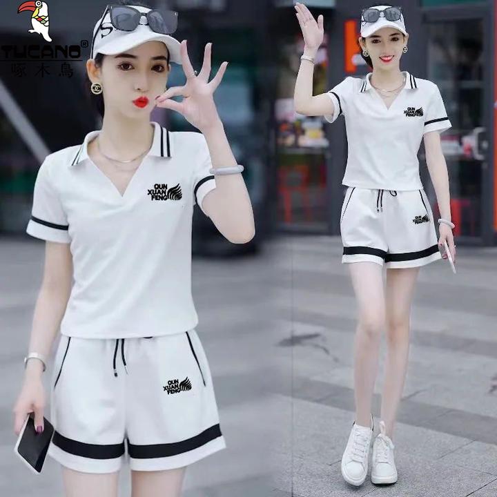 啄木鸟纯棉气质时尚套装新款时尚韩版休闲宽松短袖百搭短裤运动服
