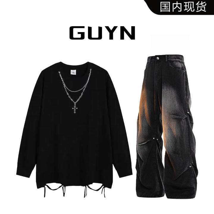 【品牌现货】GUYN春秋季美式水洗做旧卫衣男款休闲高街潮牌牛仔裤子