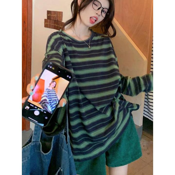 大码条纹长袖T恤女2025年秋季新款设计感打底内搭宽松显瘦上衣潮