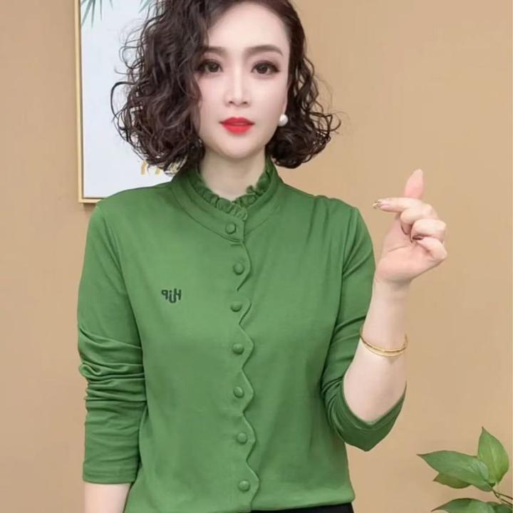 时尚洋气修身立领花边纯色百搭休闲修身显瘦百搭洋气女士小衫上衣