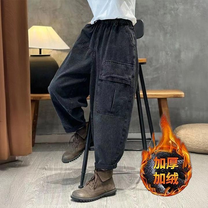 冬季新款加绒加厚牛仔裤女宽松显瘦大码灯笼裤女士时尚休闲哈伦裤