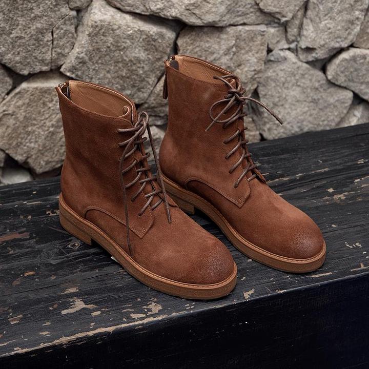 美拉德做旧擦色马丁靴女厚底真皮靴子系带高帮英伦风磨砂短靴女