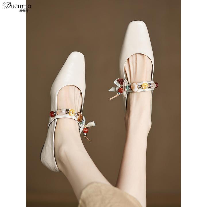 DUCURNO方头一字带浅口单鞋女法式复古玛丽珍鞋蝴蝶结串珠平底鞋