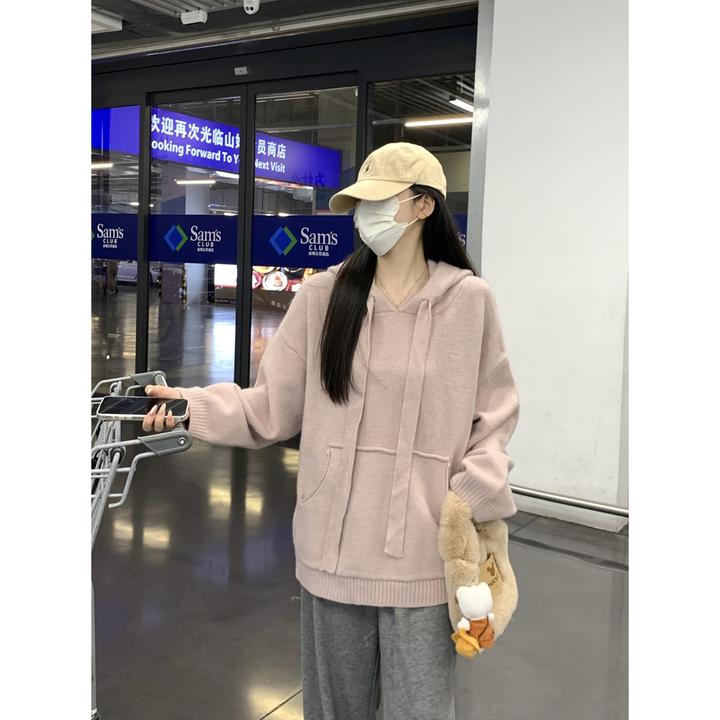 轻奢超火的秋冬韩版宽松连帽抽绳口袋北极绒针织衫长袖内搭毛衣