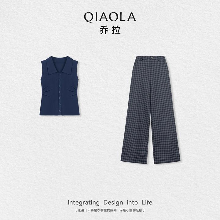 QIAOLA/乔拉【图书一角】秋夏新款翻领无袖上衣直筒裤时尚套装