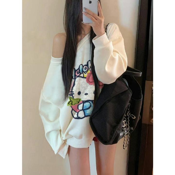 韩系慵懒松弛感无帽斜肩卫衣女秋季新款KT猫印花休闲宽松百搭上衣